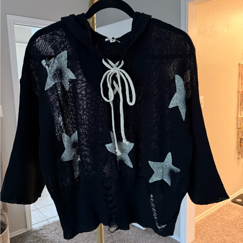 Black Knit Hoodie with Silver Star Accents